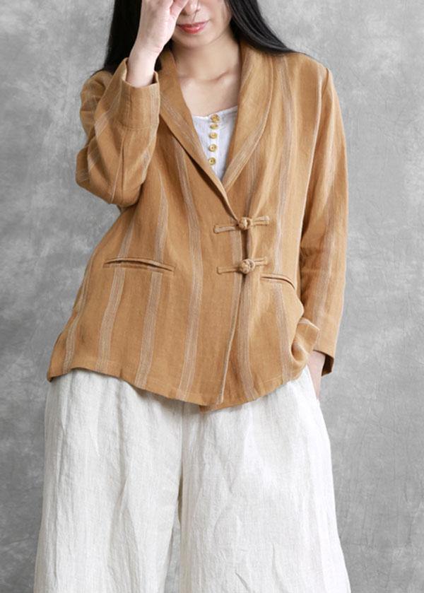 Beautiful Khaki PeterPan Collar Striped Fall Button Long sleeve Coat - Omychic