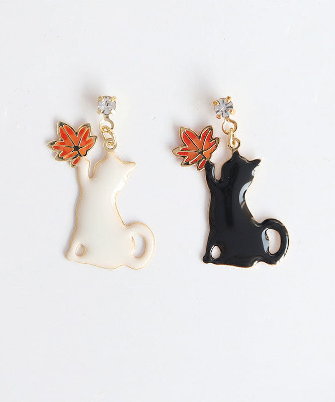 Beautiful Leaves And Cute Cats Copper Asymmetrical Design Drop Earrings