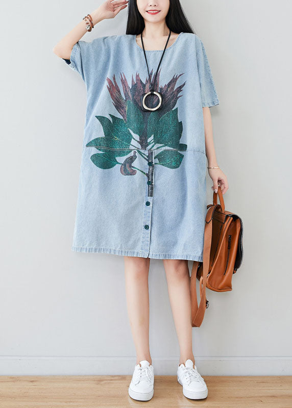 Beautiful Light Blue Oversized Patchwork Print Cotton Denim Dress Summer