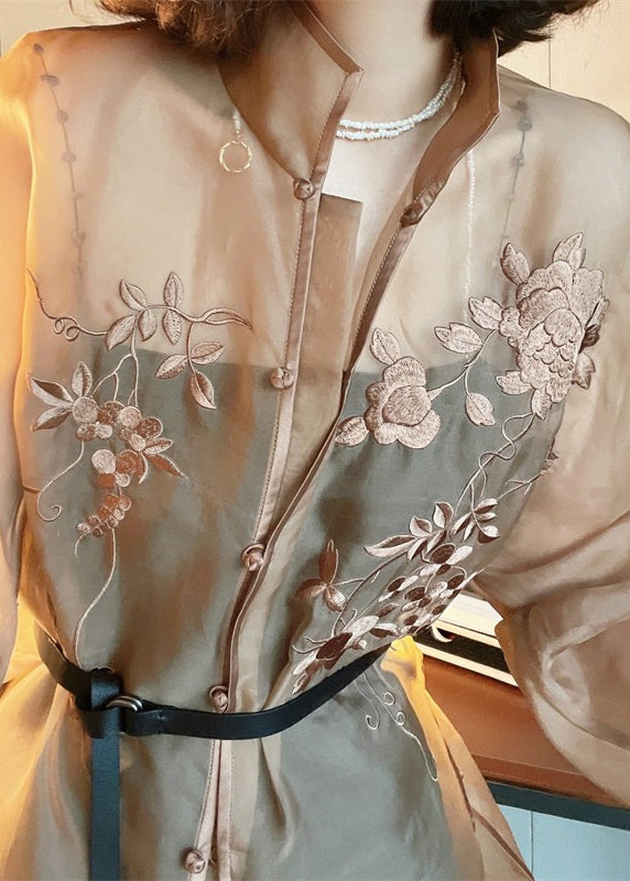 Beautiful Light Brown Embroideried Side Open Sashes Silk Shir Long Sleeve