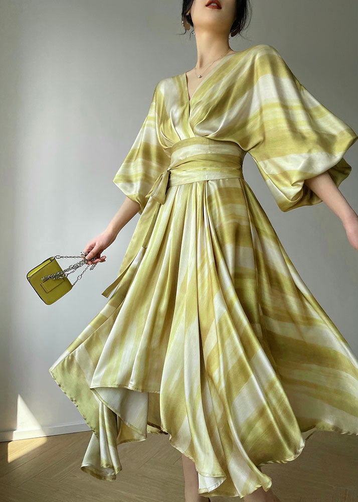 Beautiful Light Green V Neck Asymmetrical Extra Large Hem Silk Cinched Dresses Puff Sleeve