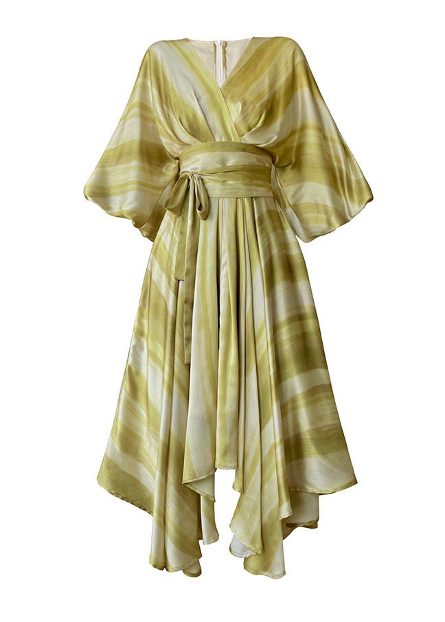 Beautiful Light Green V Neck Asymmetrical Extra Large Hem Silk Cinched Dresses Puff Sleeve