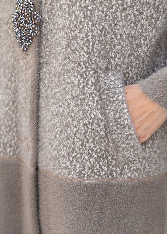 Beautiful Light Grey Stand Collar Patchwork Pockets Mink Hair Knitted Trench Coats Winter