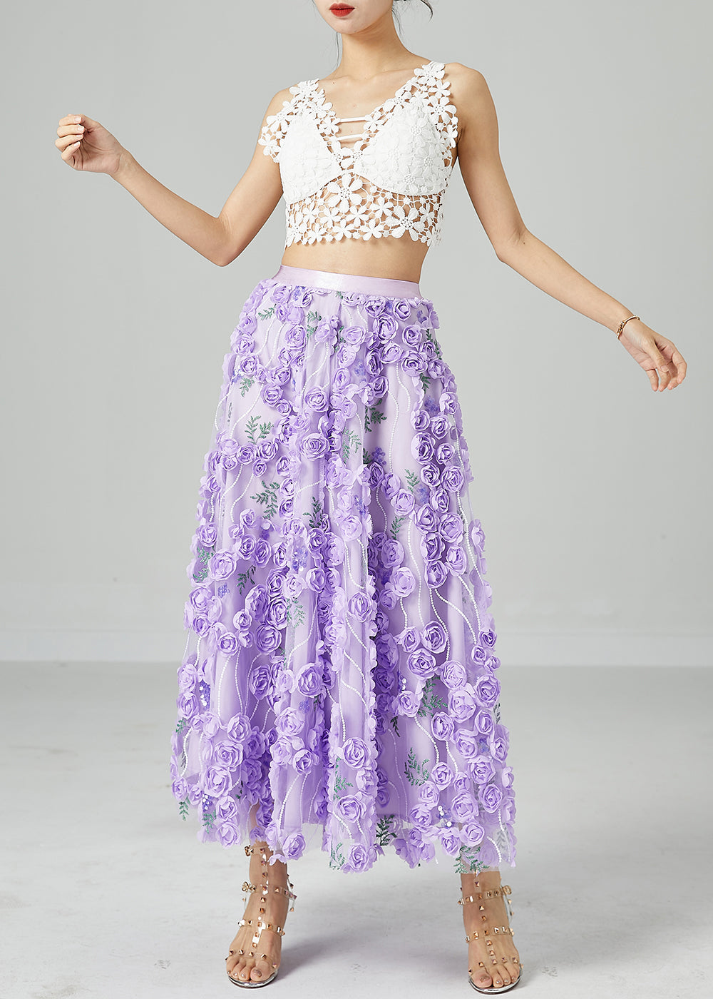 Beautiful Light Purple Embroideried Floral Tulle Skirts Summer