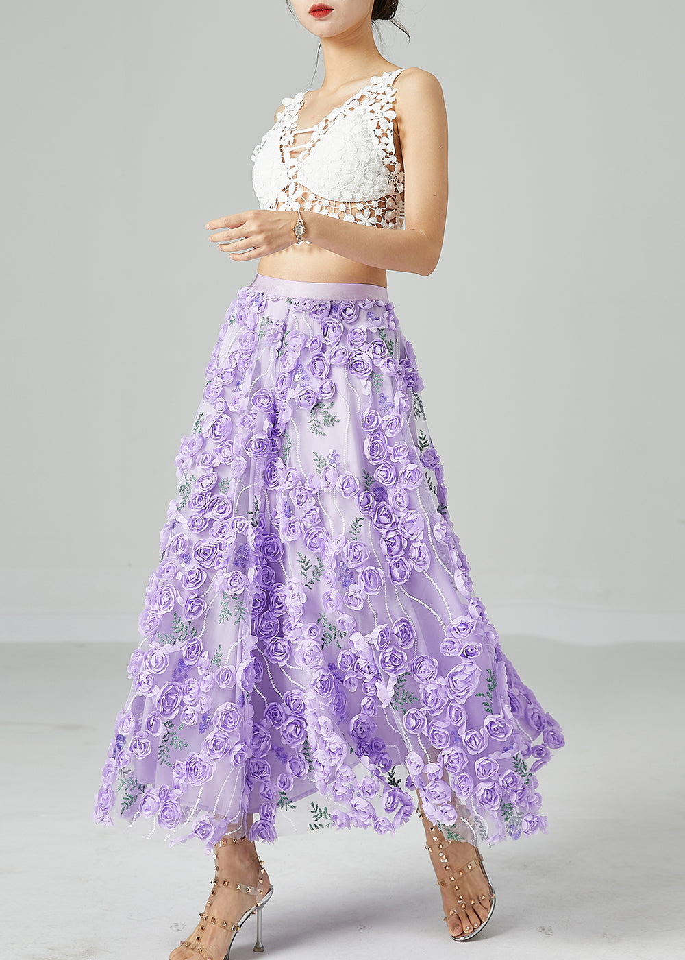 Beautiful Light Purple Embroideried Floral Tulle Skirts Summer