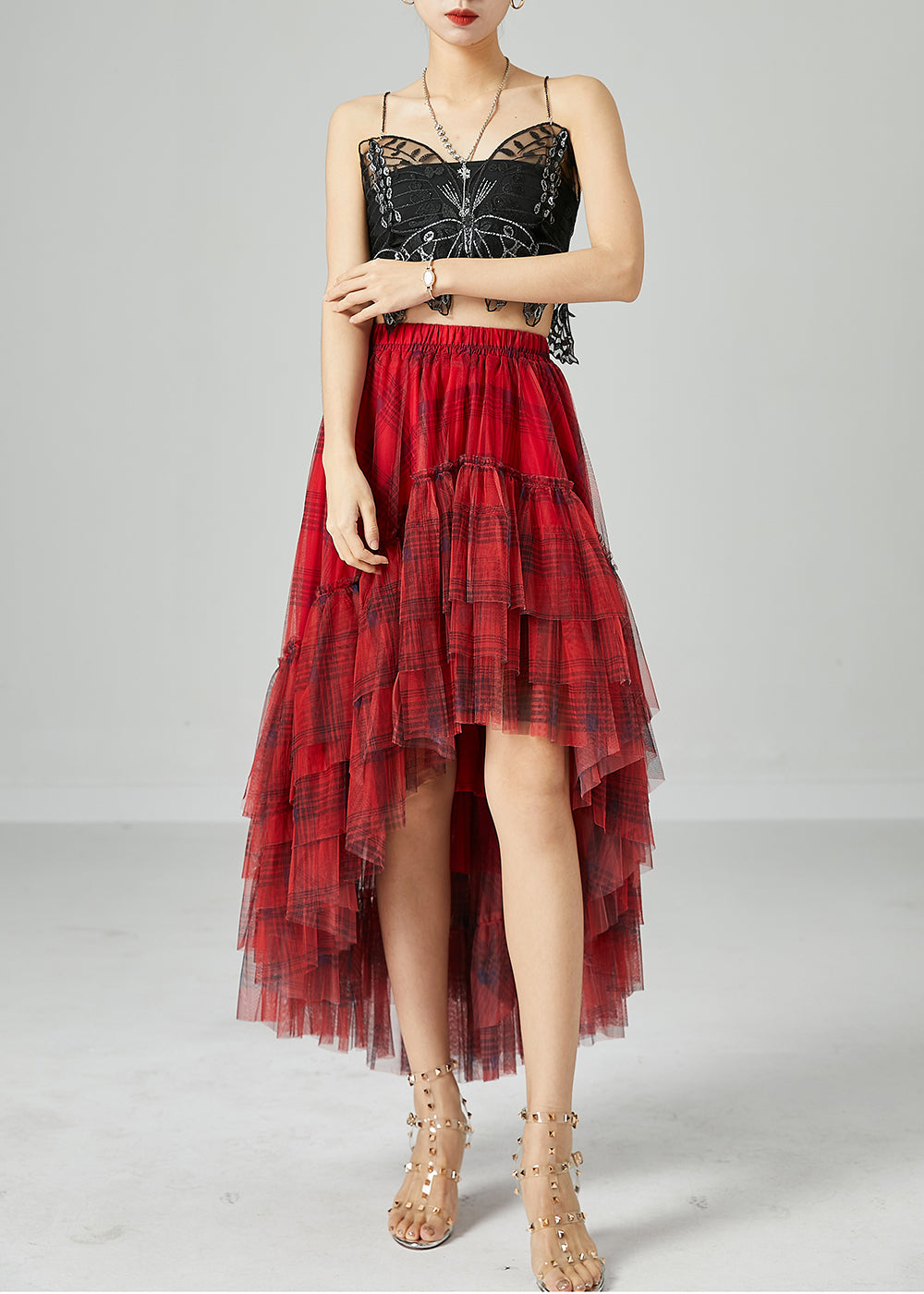 Beautiful Mulberry Asymmetrical Patchwork Wrinkled Tulle Skirt Summer
