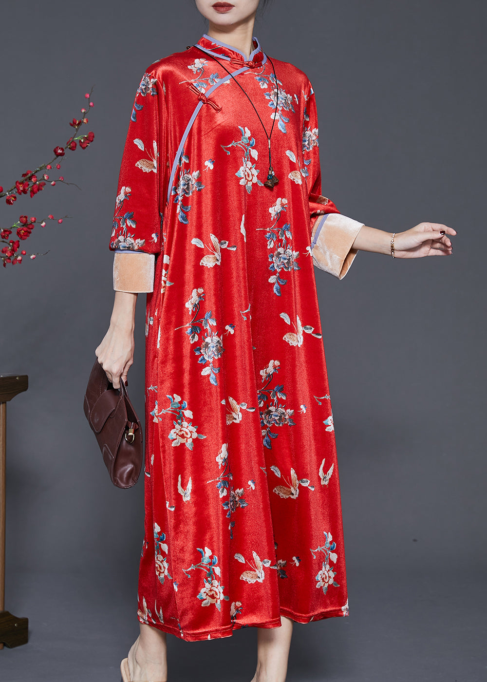 Beautiful Mulberry Print Silk Velvet Chinese Style Dresses Spring