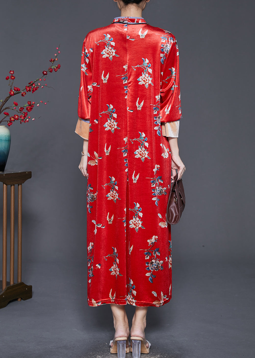 Beautiful Mulberry Print Silk Velvet Chinese Style Dresses Spring