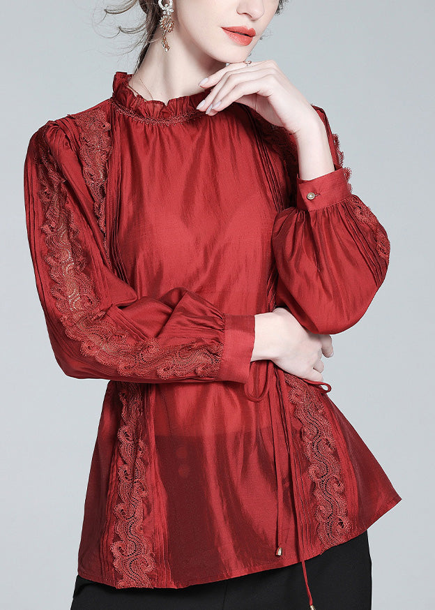 Beautiful Mulberry Stand Collar Lace Patchwork Tie Waist Silk Shirt Long Sleeve