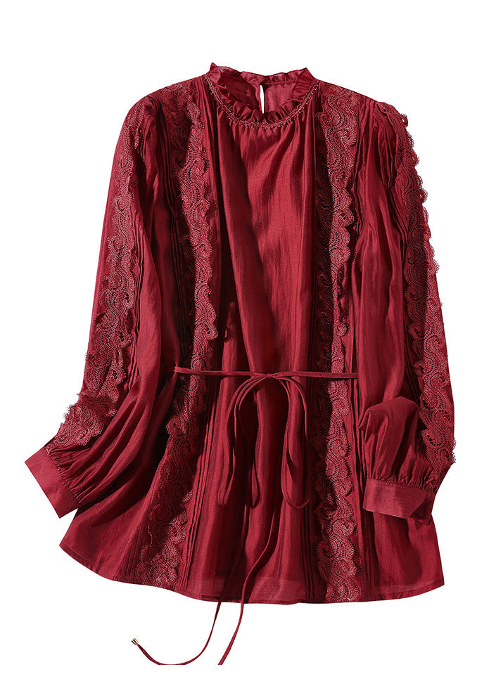 Beautiful Mulberry Stand Collar Lace Patchwork Tie Waist Silk Shirt Long Sleeve