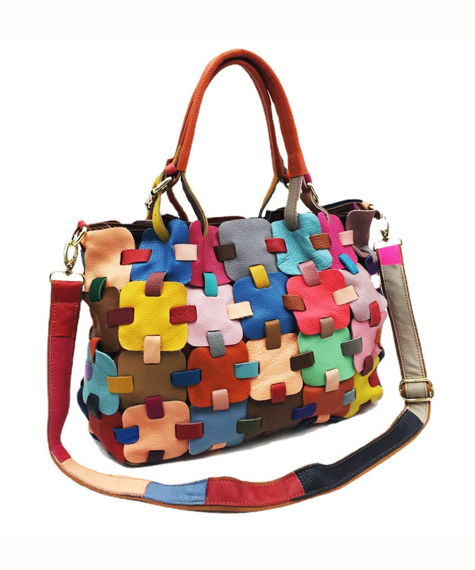 Beautiful Multicolour Patchwork Zippered Calf Leather Tote Handbag