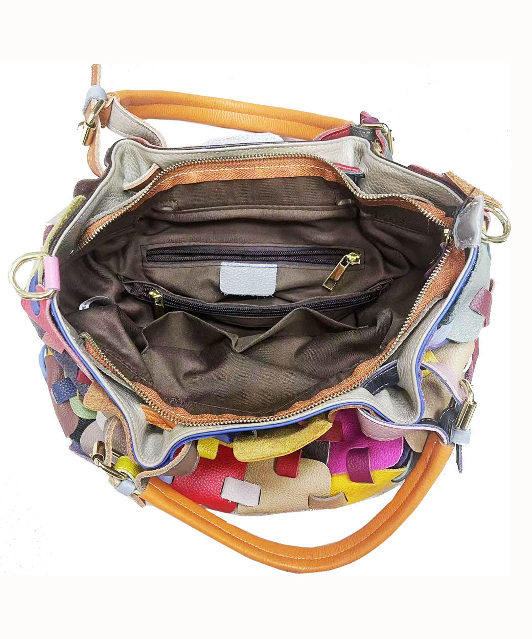Beautiful Multicolour Patchwork Zippered Calf Leather Tote Handbag