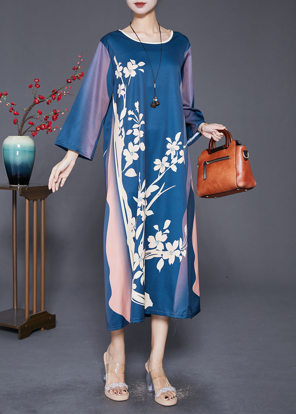 Beautiful Navy Oversized Print Silk Long Dress Fall