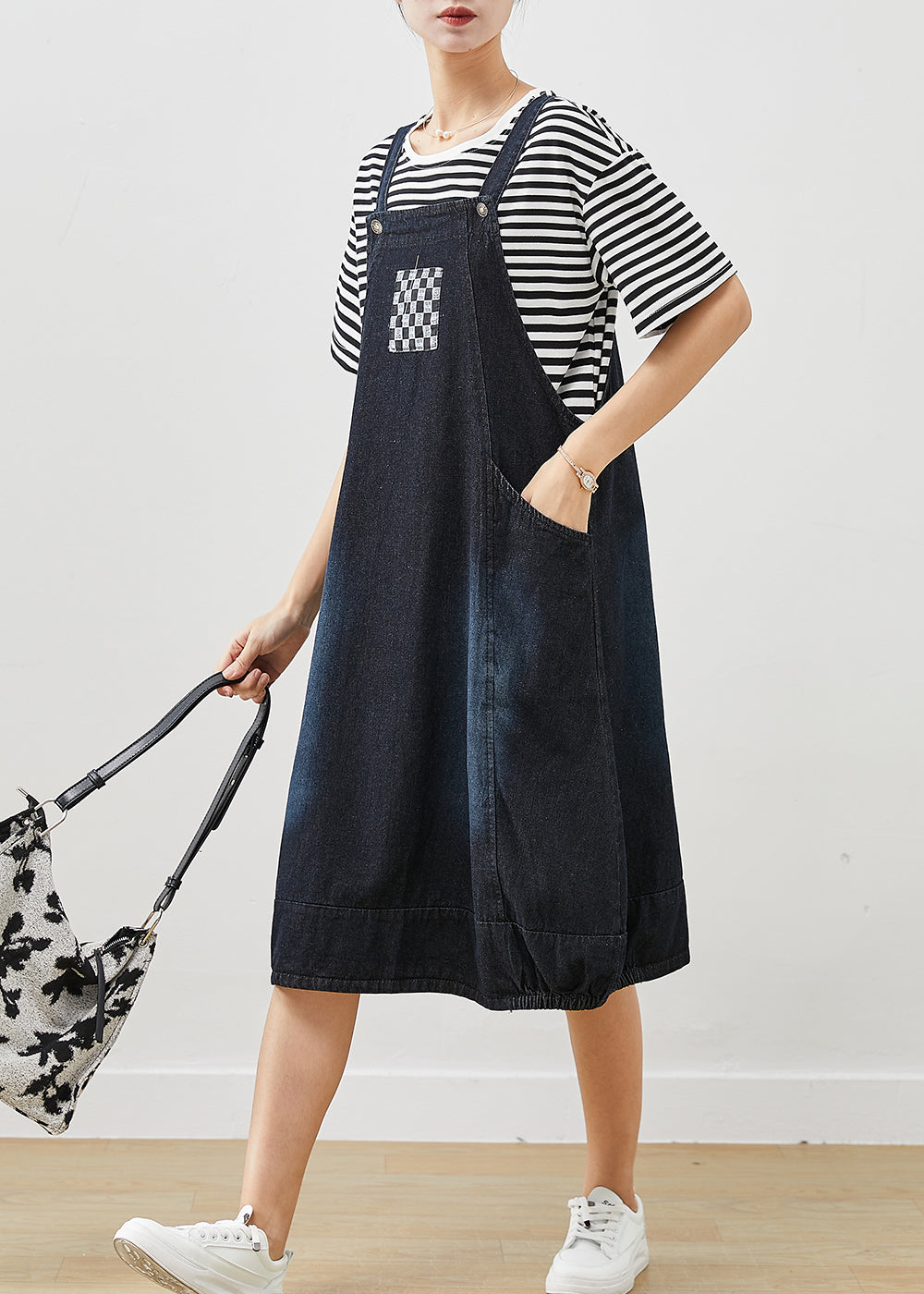 Beautiful Navy Oversized Striped Cotton Two Pieces Set Summer