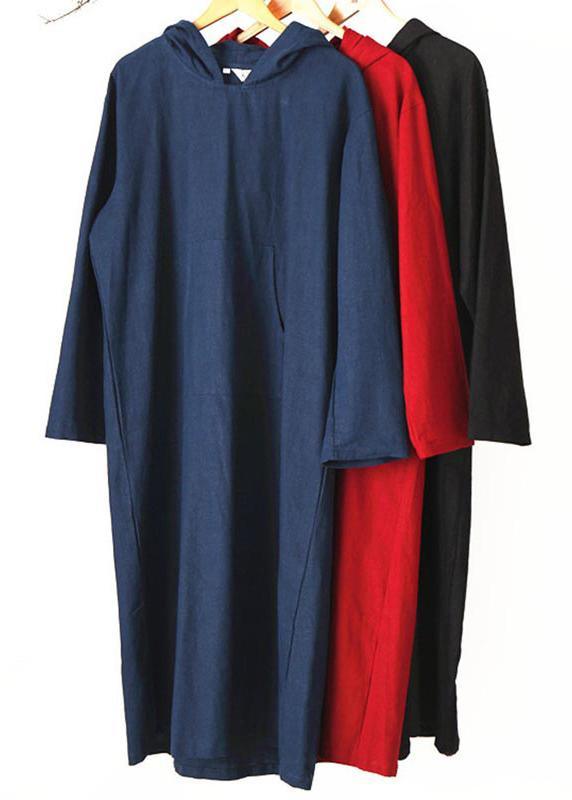 Beautiful Navy Tunic Hooded Pockets Traveling Spring Dresses - Omychic