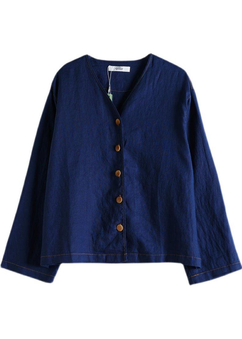 Beautiful Navy V Neck Button Fall Long sleeve Coat - Omychic