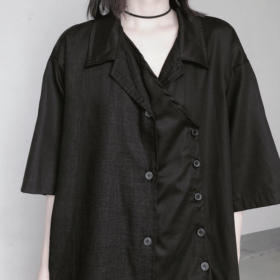 Beautiful Notched Patchwork Tunic Shape Black blouses - Omychic