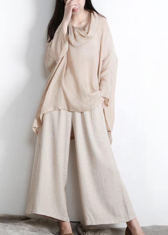 Beautiful Nude Turtle Neck Batwing Sleeve Two Piece Set Women Clothing Summer Linen - Omychic