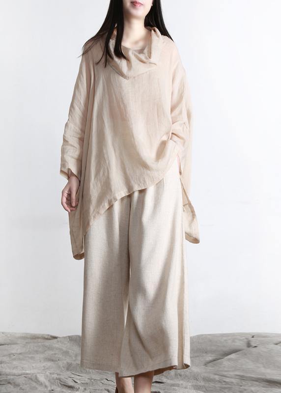 Beautiful Nude Turtle Neck Batwing Sleeve Two Piece Set Women Clothing Summer Linen - Omychic