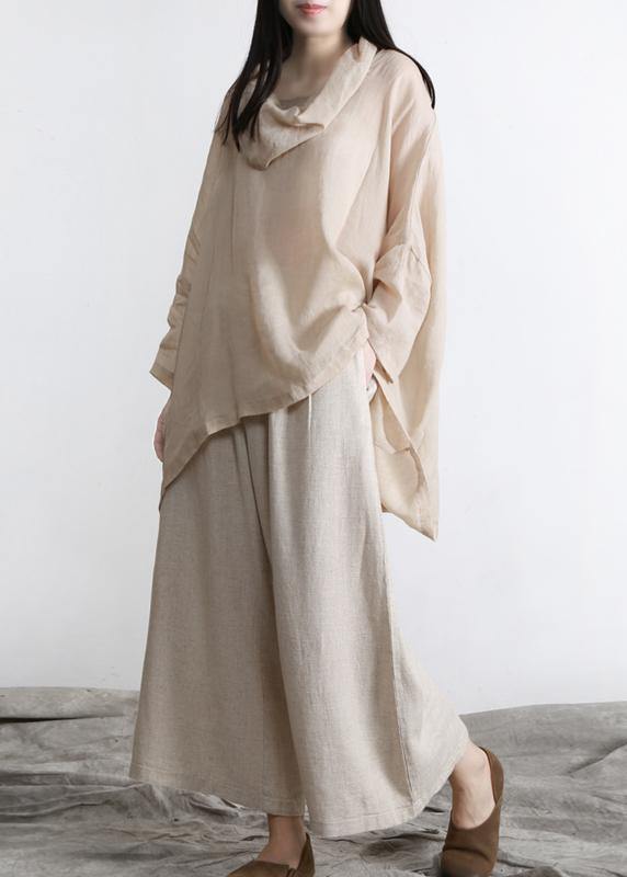 Beautiful Nude Turtle Neck Batwing Sleeve Two Piece Set Women Clothing Summer Linen - Omychic