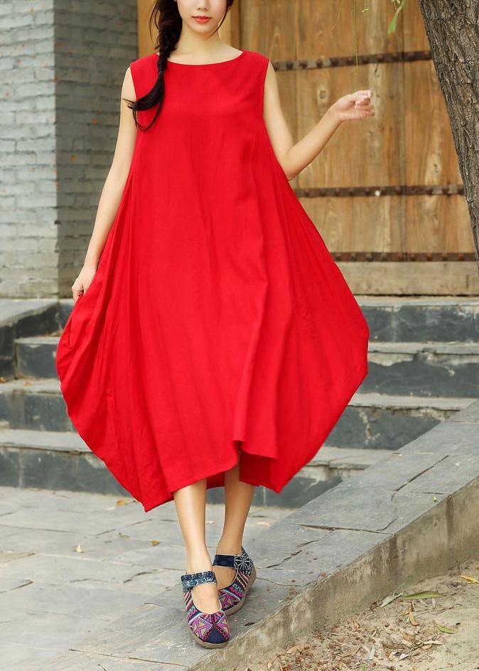 Beautiful O Neck Asymmetric Summer Tunics Pattern Red Maxi Dresses - Omychic