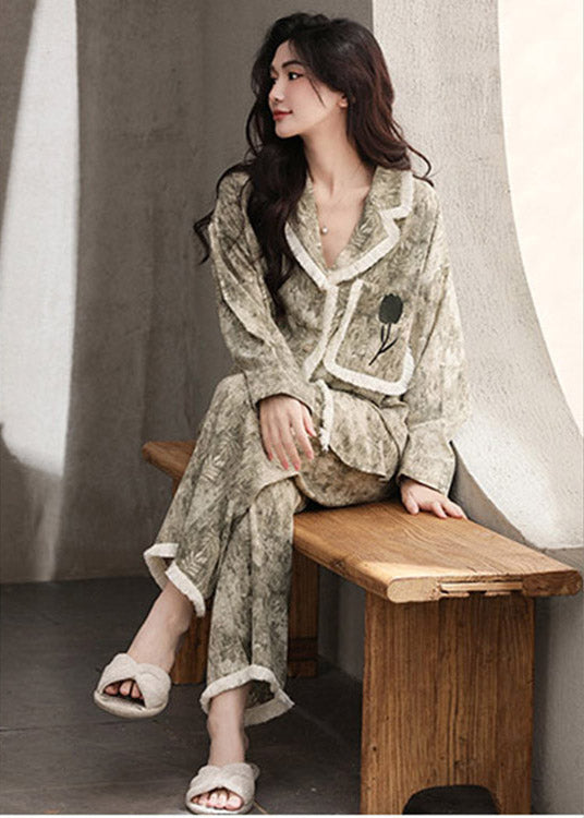 Beautiful Olive Green Print Patchwork Button Ice Silk Pajamas Two Pieces Set Long Sleeve