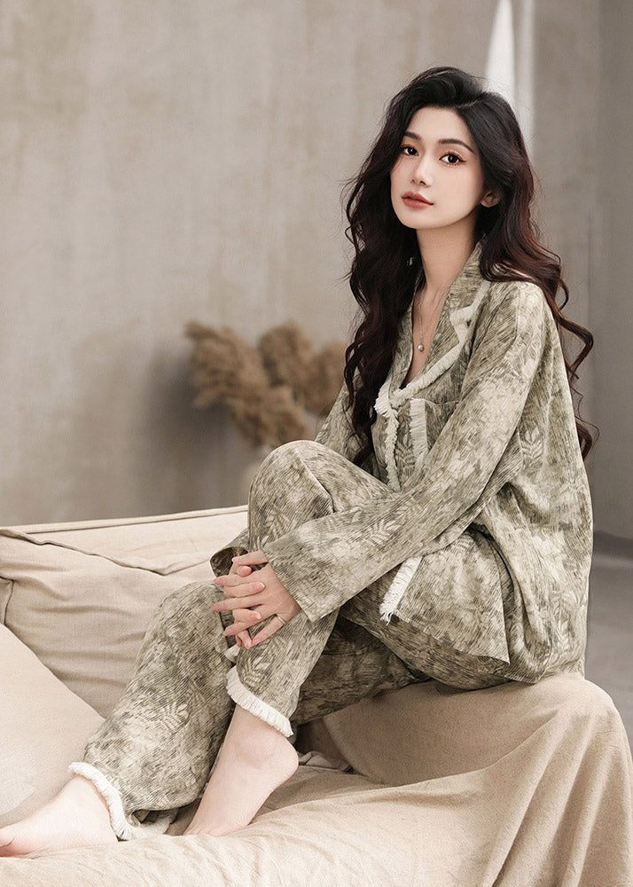 Beautiful Olive Green Print Patchwork Button Ice Silk Pajamas Two Pieces Set Long Sleeve