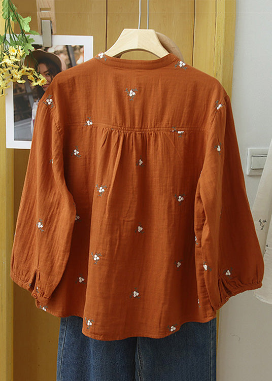 Beautiful Orange Embroidered Button Cotton Blouse Long Sleeve