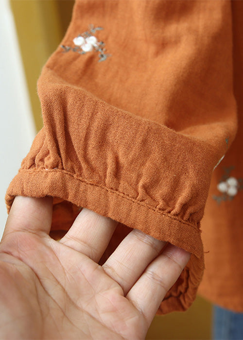 Beautiful Orange Embroidered Button Cotton Blouse Long Sleeve