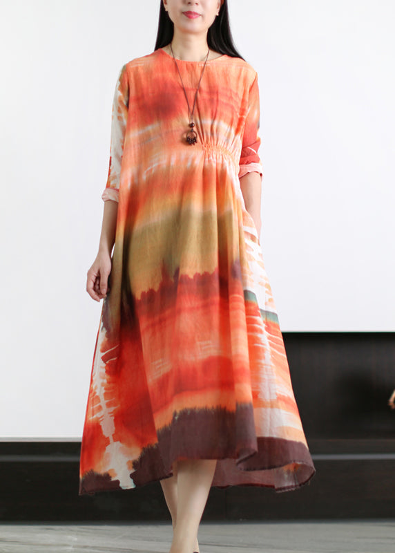 Beautiful Orange O-Neck Wrinkled Asymmetrical Linen Dress Long Sleeve