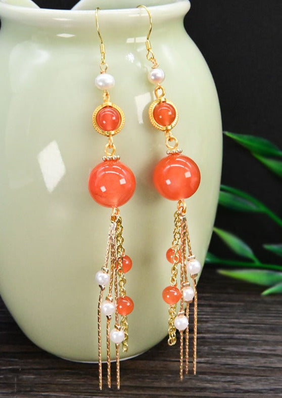 Beautiful Orange Silver Sterling Overgild Agate Pearl Tassel Drop Earrings