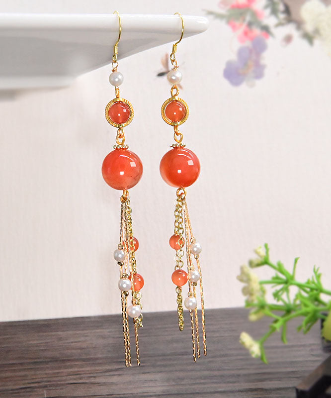 Beautiful Orange Silver Sterling Overgild Agate Pearl Tassel Drop Earrings