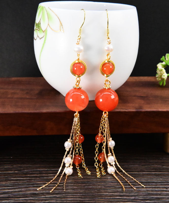 Beautiful Orange Silver Sterling Overgild Agate Pearl Tassel Drop Earrings