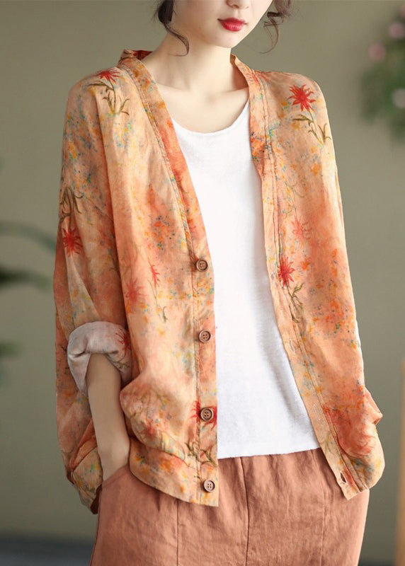 Beautiful Orange V Neck Button Print Cotton Cardigans Spring