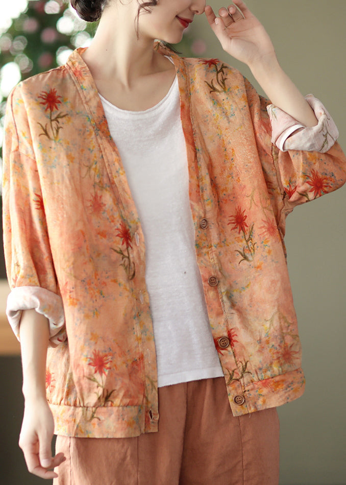 Beautiful Orange V Neck Button Print Cotton Cardigans Spring