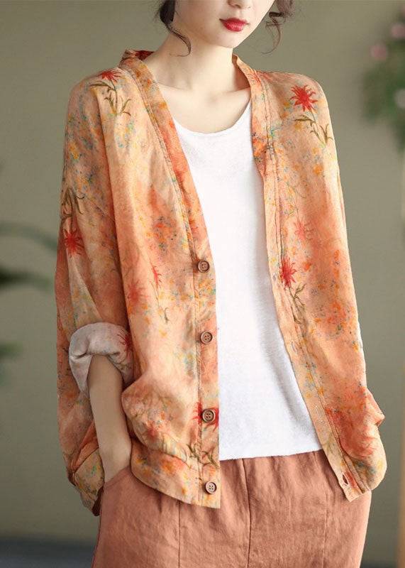 Beautiful Orange V Neck Print Button Linen Coats Long Sleeve