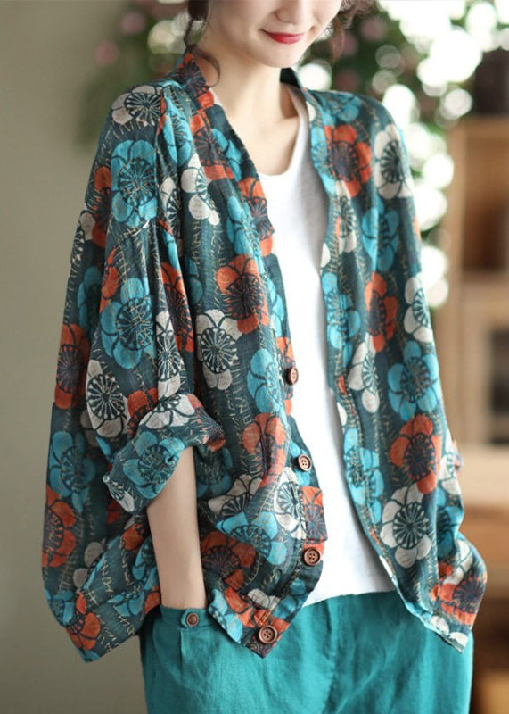 Beautiful Orange V Neck Print Button Linen Coats Long Sleeve