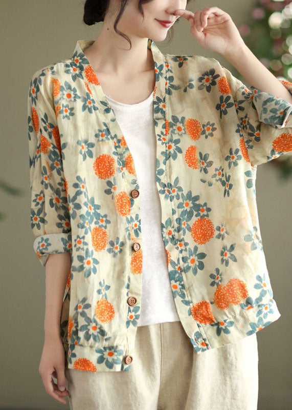 Beautiful Orange V Neck Print Button Linen Coats Long Sleeve