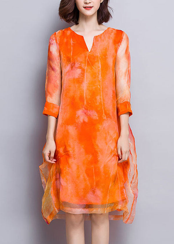 Beautiful Orange V Neck Print Layered Design Silk Vacation Dress Half Sleeve