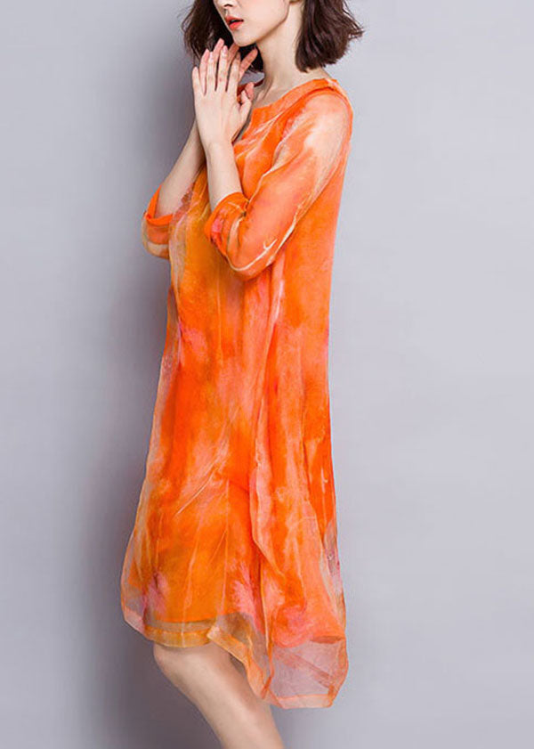 Beautiful Orange V Neck Print Layered Design Silk Vacation Dress Half Sleeve