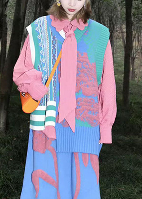 Beautiful Pink Asymmetrical Floral Cotton Knit Waistcoat Sleeveless