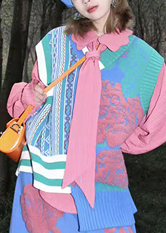 Beautiful Pink Asymmetrical Floral Cotton Knit Waistcoat Sleeveless
