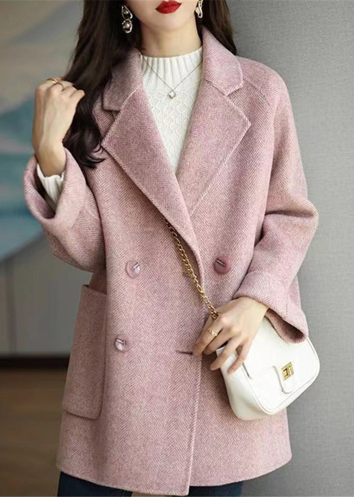 Beautiful Pink Double Breast Pockets Patchwork Woolen Coats Winter