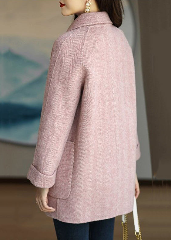 Beautiful Pink Double Breast Pockets Patchwork Woolen Coats Winter
