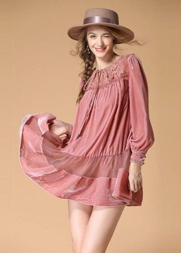 Beautiful Pink Embroideried Lace Up Patchwork Velour Dress Spring