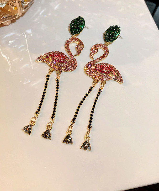 Beautiful Pink Flamingo Zircon Tassel Silver Drop Earrings