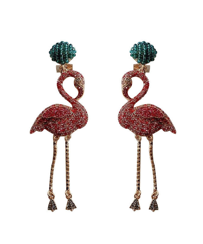 Beautiful Pink Flamingo Zircon Tassel Silver Drop Earrings