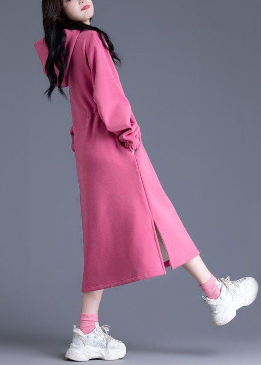 Beautiful Pink Hooded Cinched Side Open Warm Fleece Sweatshirts Dress Spring