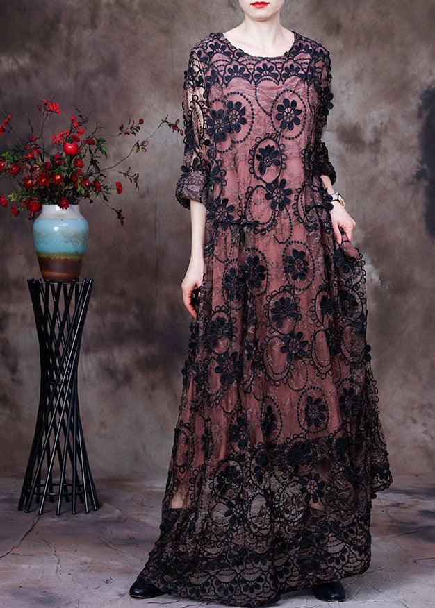 Beautiful Pink O-Neck Embroideried Lace Holiday Long Dress Long Sleeve