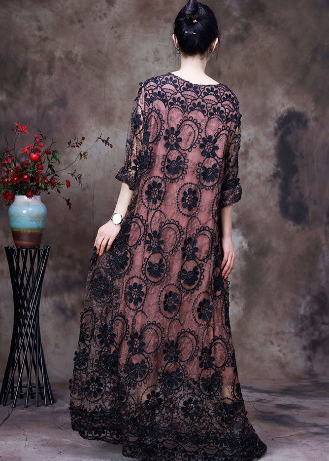 Beautiful Pink O-Neck Embroideried Lace Holiday Long Dress Long Sleeve